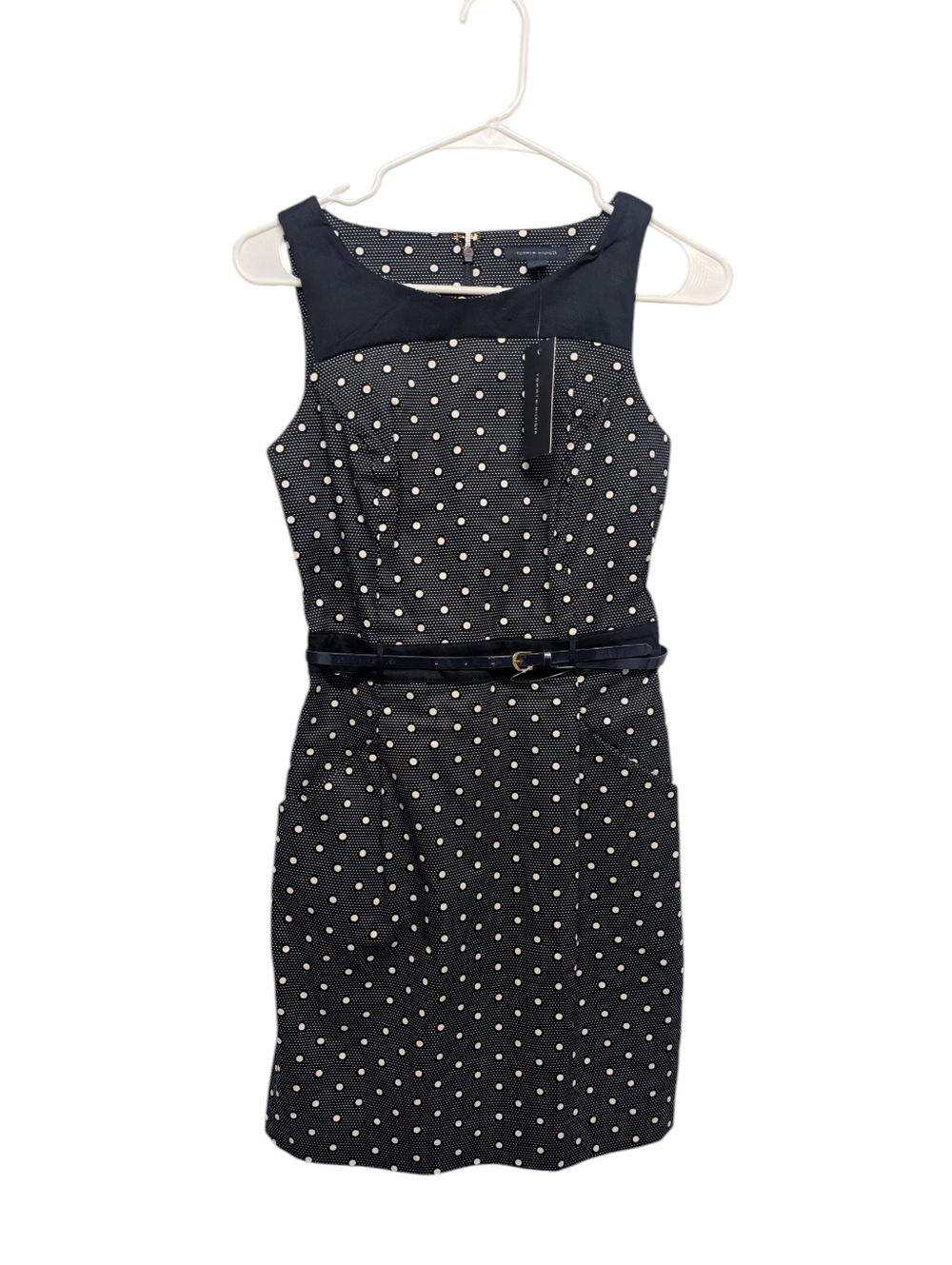 TOMMY HILFIGER Polka Dot Sheath Navy White Belted Midi Dress (Size 0) New